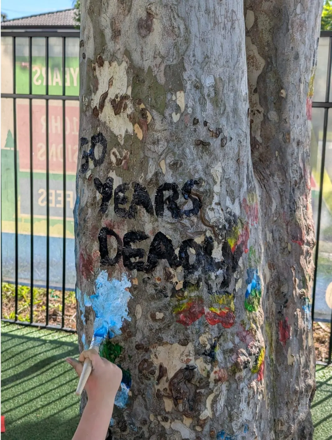 A child painting the yard tree, which carries the words 50 Years Deadly