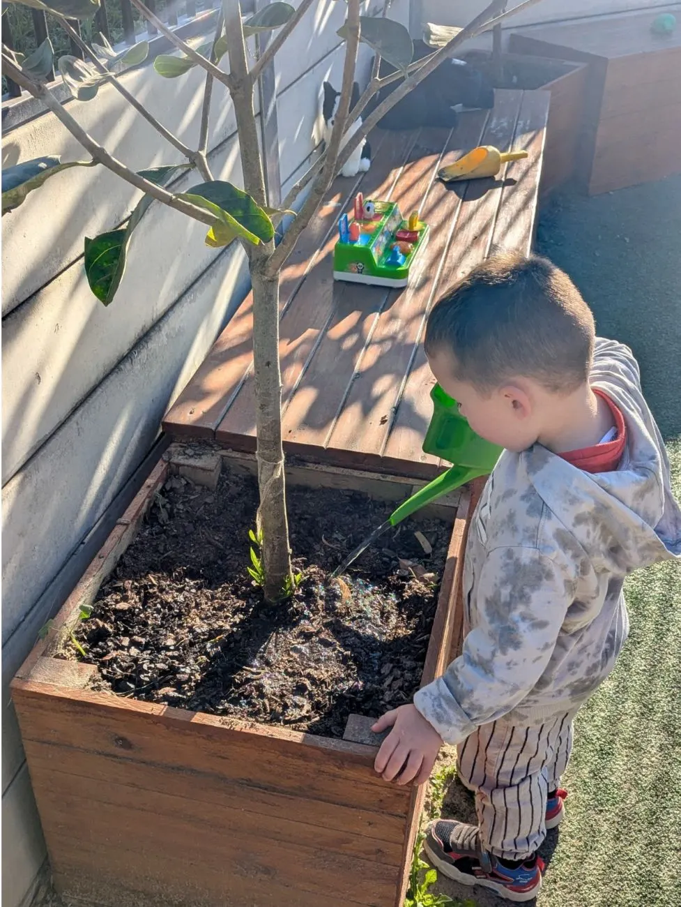 A child watering the planter box with a watering can