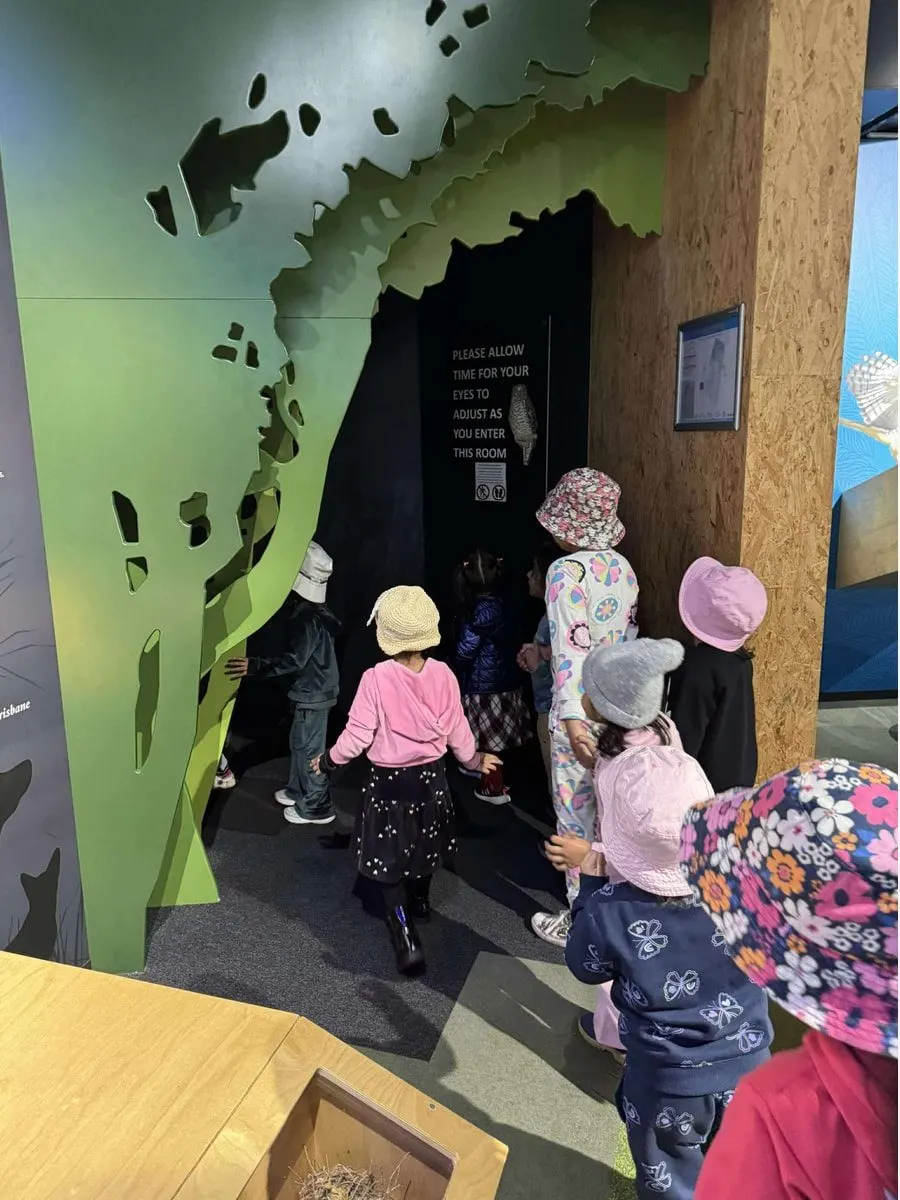 Children in sun hats exploring a nature exhibit on an excursion